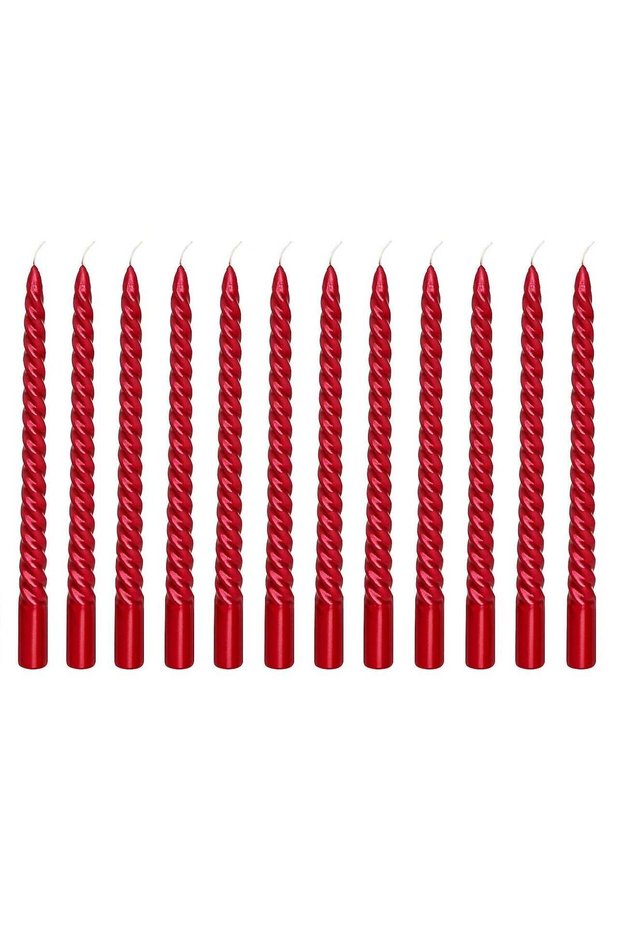 Spiral Metallic Taper Candles, Wax – Red, Set of 12