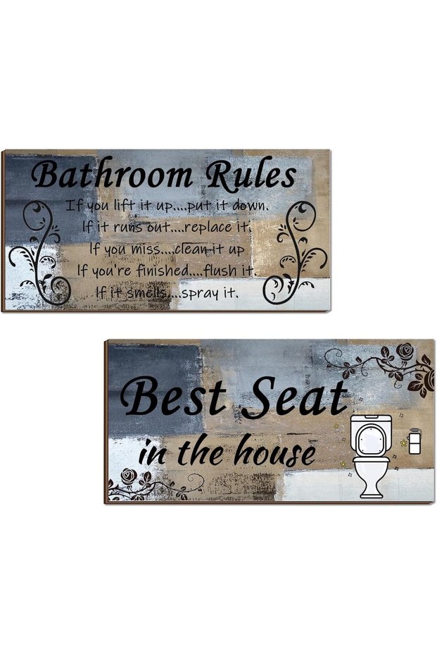 ARS 2 Pieces Blue and Brown Bathroom Wall Decor, Abstract Wooden Hanging Bathroom Rules Wall Art, F