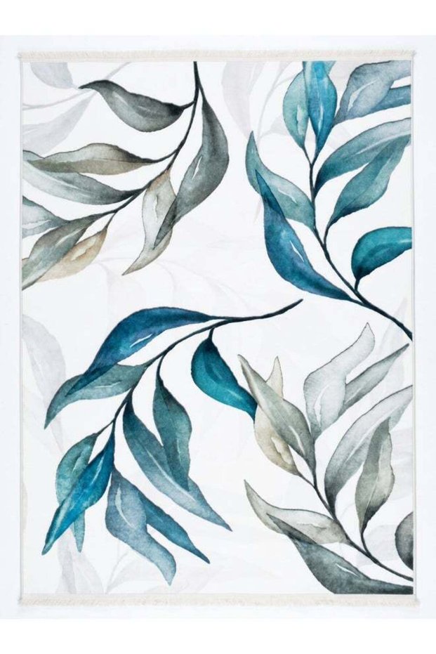 Carpet Rug with Anti-Slip Backing | Printed Watercolor Leaves Design - Teal & Sage Green | Size - 1