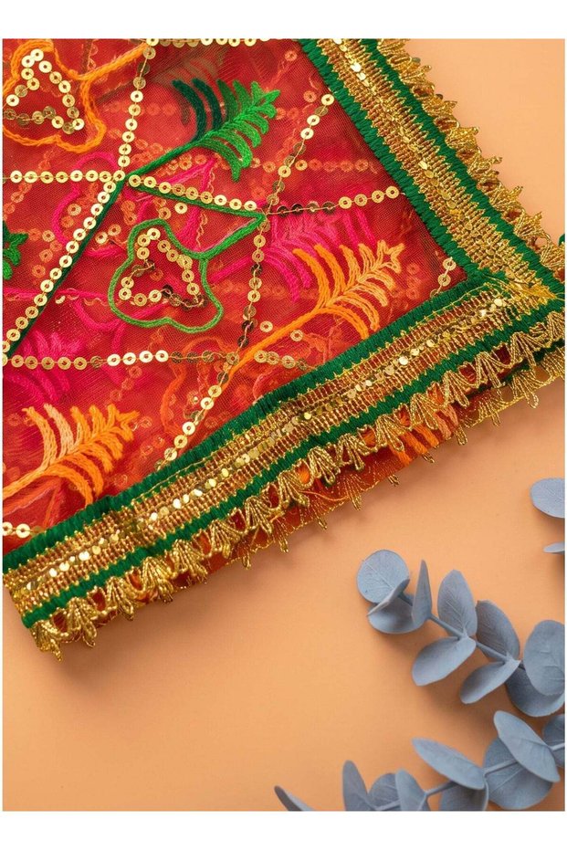 Madhoor Phulkari Deity Idol Chunri Red for Deity Dressing, Pooja & Festivals, 1m
