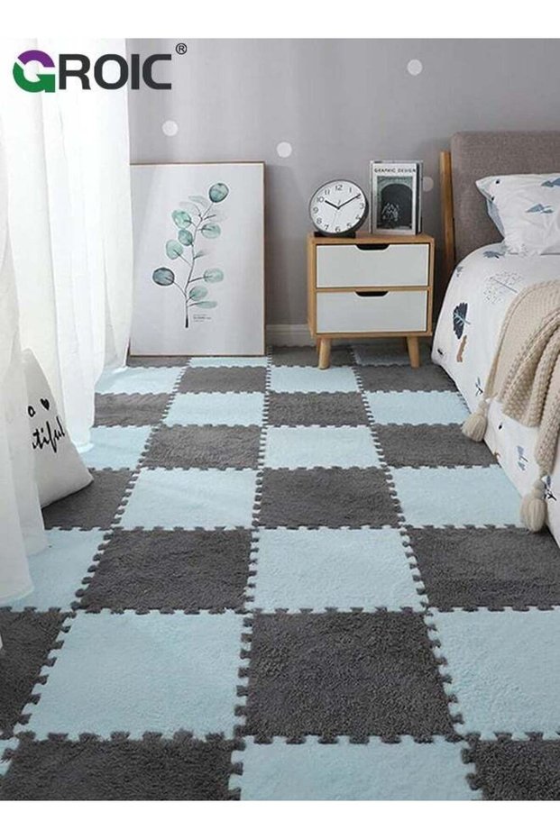 12 Pcs Plush Puzzle Foam Floor Mat, Square Interlocking Carpet Tiles with Border Fluffy Play Mat, F