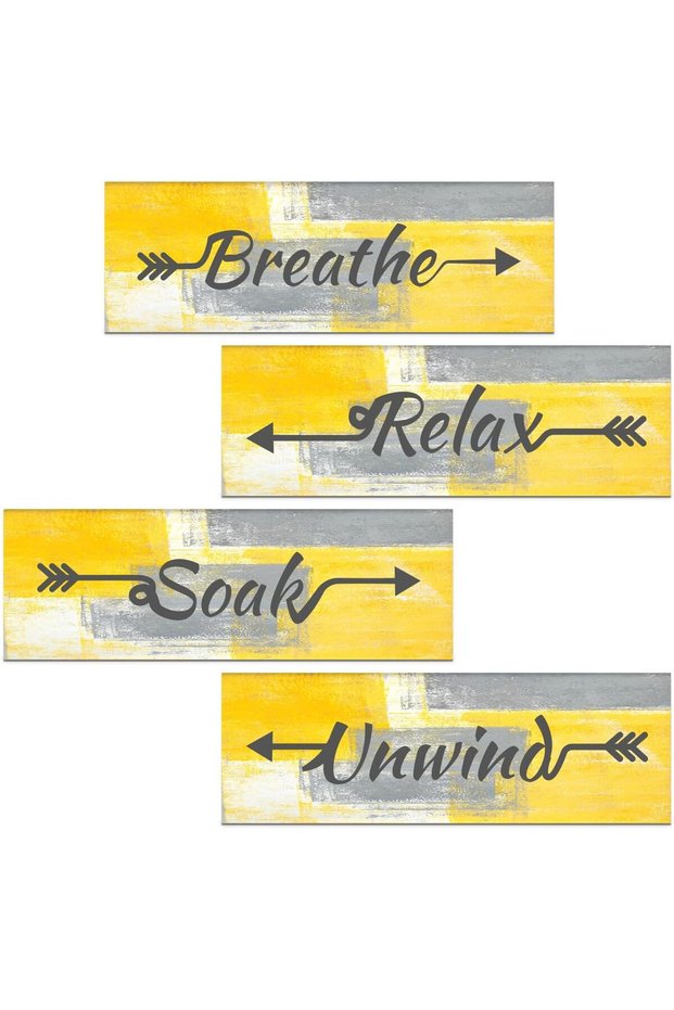 ARS 4 Pieces Yellow and Grey Abstract Bathroom Wall Art, Relax Soak Unwind Breathe Signs Decor, Woo