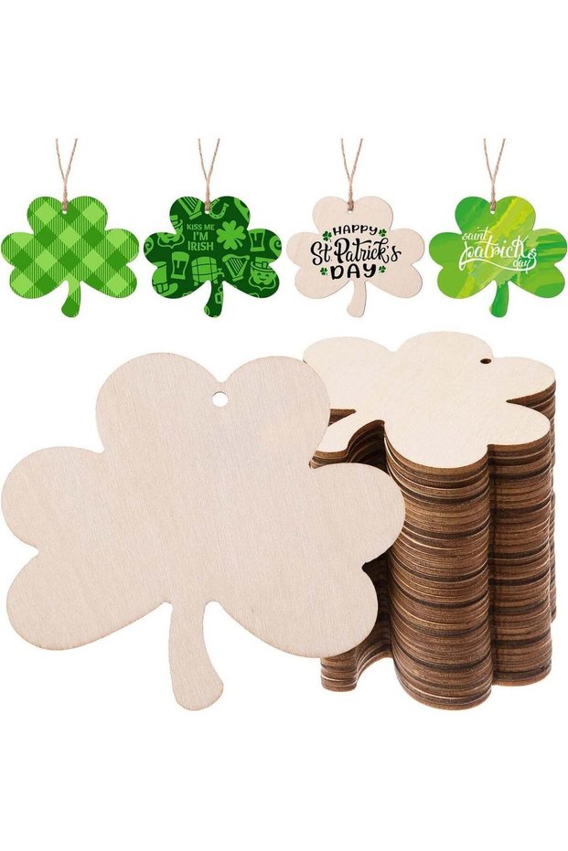 ARS® 40 Pcs Unfinished Wooden Shamrock Ornaments for St. Patrick's Day - DIY Craft Tags