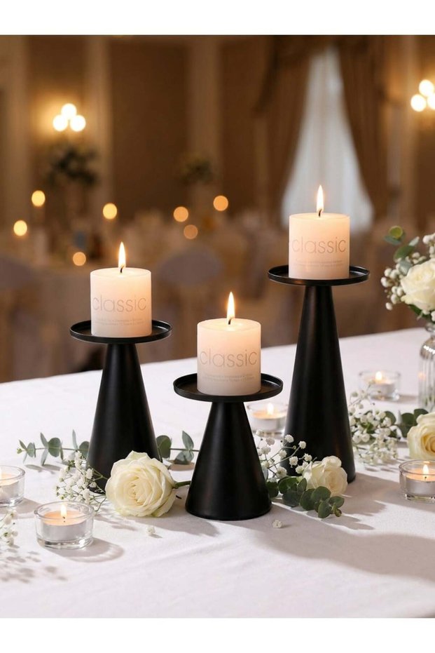 Set of 3 Elegant Metal Candle Holders/Candlestick Holders, Black Candle Holder Base, Romantic Nordi