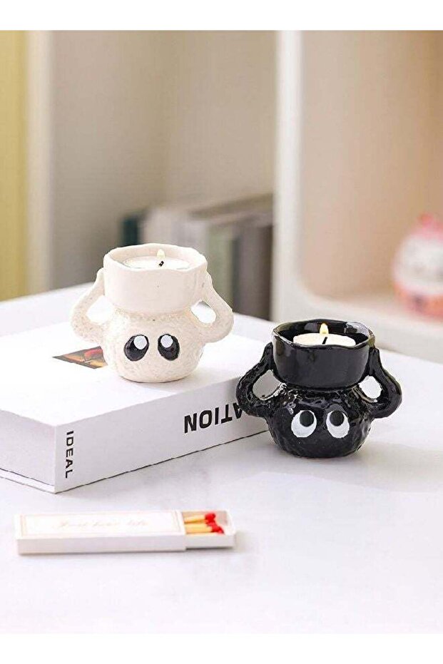 Cartoon Soot Sprite Handmade Ceramic Candle Holder,Cute Decorative Ceramic Candlestick, Unique Cand