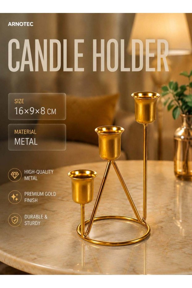 Gold Metal Candle Holder for Taper Candles, 3-Tier Geometric Candlestick Stand for Home Decor, Dinn