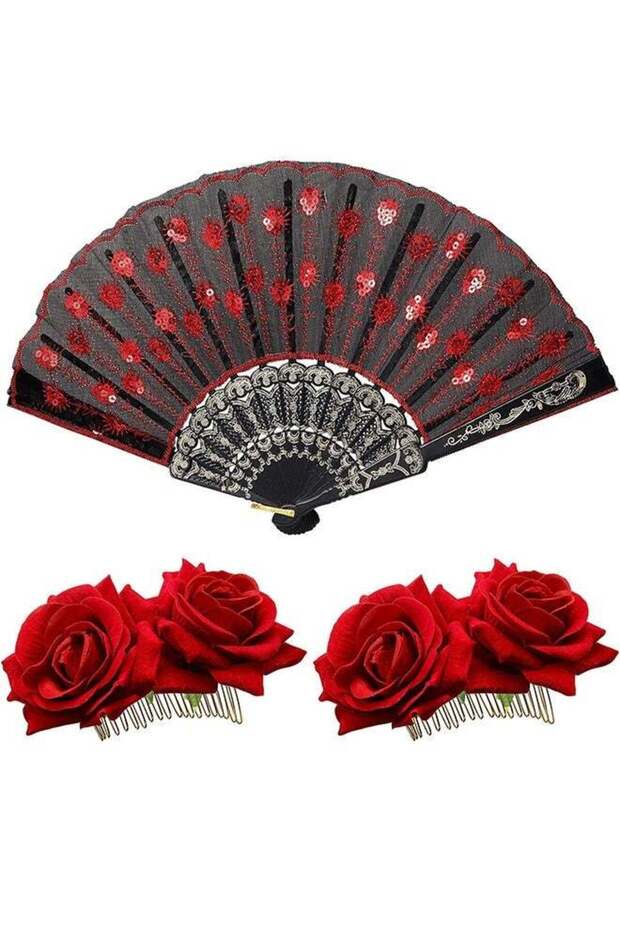 2 Pieces Women Rose Flower Hair Clip and Embroidered Sequins Fabric Handheld Folding Fan Mexican Ha