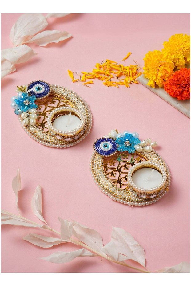 Madhoor Evil Eye Decorative Tealight Candle Holder Blue White for Diwali, Weddings & Table Decor, S