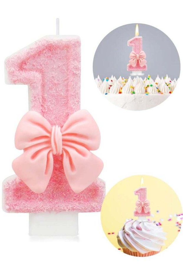Pink Glitter Number 1 Candle with Bow – First Birthday Cake Topper for Girls, One Candle for 1st Bi