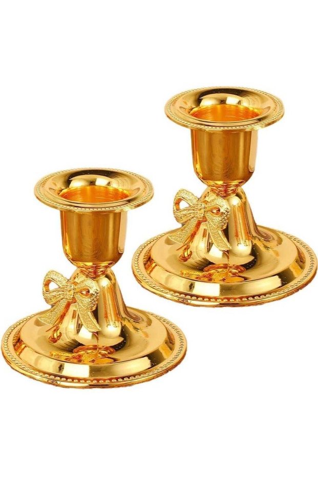 Golden Candlestick Holders Set of 2, Metal Taper Candle Holders with Bowknot Decor, Table Centerpie