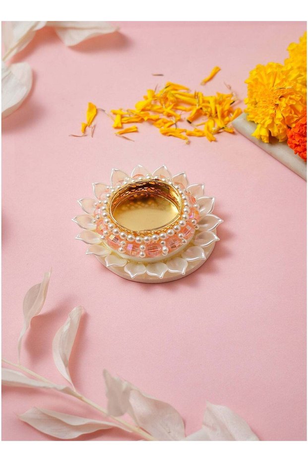 Madhoor Pearl Crystal Decorative Tealight Candle Holder White Peach for Diwali, Weddings & Table De