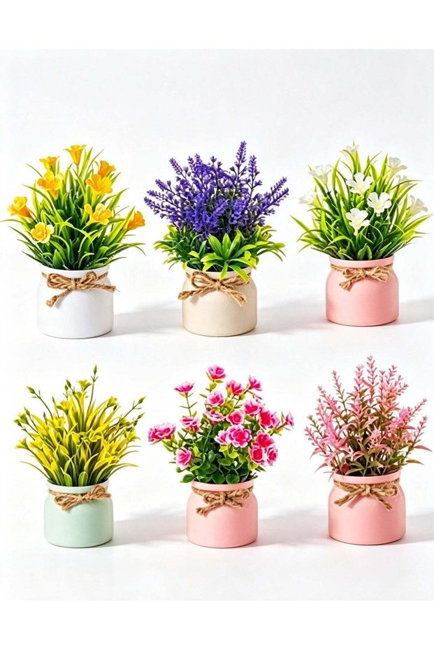 6 PCS Artificial Potted Flowers, Mini Flower Pots, Faux Plants Indoor, Spring Decor for Bathroom, K