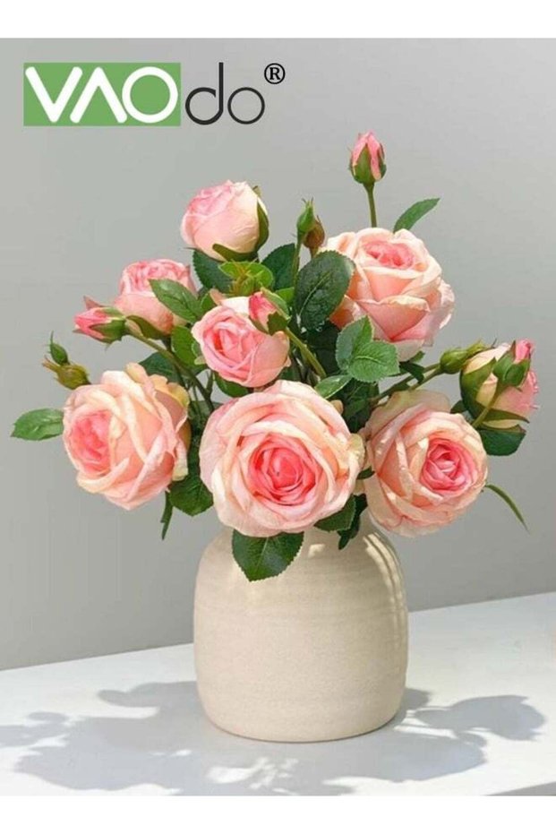 Fake Artificial Flowers with Pottery Vase, Rose Silk Faux Flowers, No Fade Long Stem Fake Silk Rose