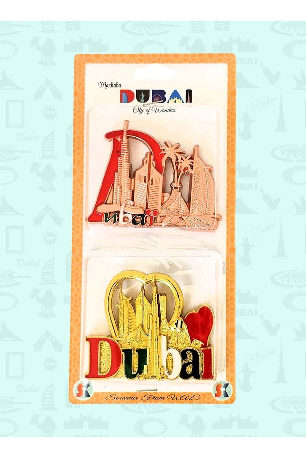 6×6 cm Metal Magnet Set of 2 showcasing Dubai’s famous landmarks — ideal for souvenirs and home déc