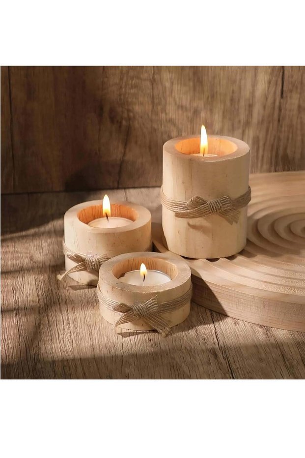 Cozy Nest 3-Piece Rustic Wooden Tea Light Candle Holder Set with Bow-Knot Decor for Home & Events