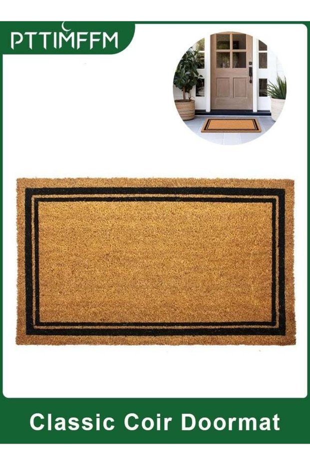 45x75cm Classic Coir Doormat with Black Stripe Border, Durable Rubber Backing, Perfect for Indoor/O