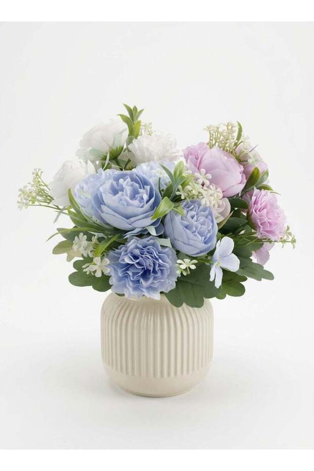 Artificial Rose Flowers in Vase, Modern Floral Arrangement with Blue Pink White Roses, Hydrangea, D