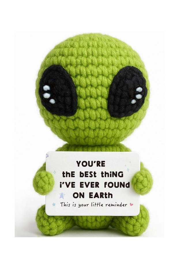 Handmade Crochet Alien Figurine with Romantic Message - Desk Decor Gift for Him Her