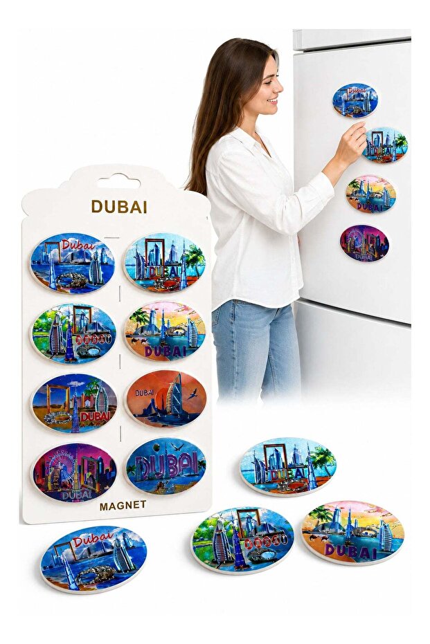 Dubai Souvenir Fridge Magnet Set, 8 PCS Oval UAE Magnets, Colorful Dubai Landmark Travel Gift Colle