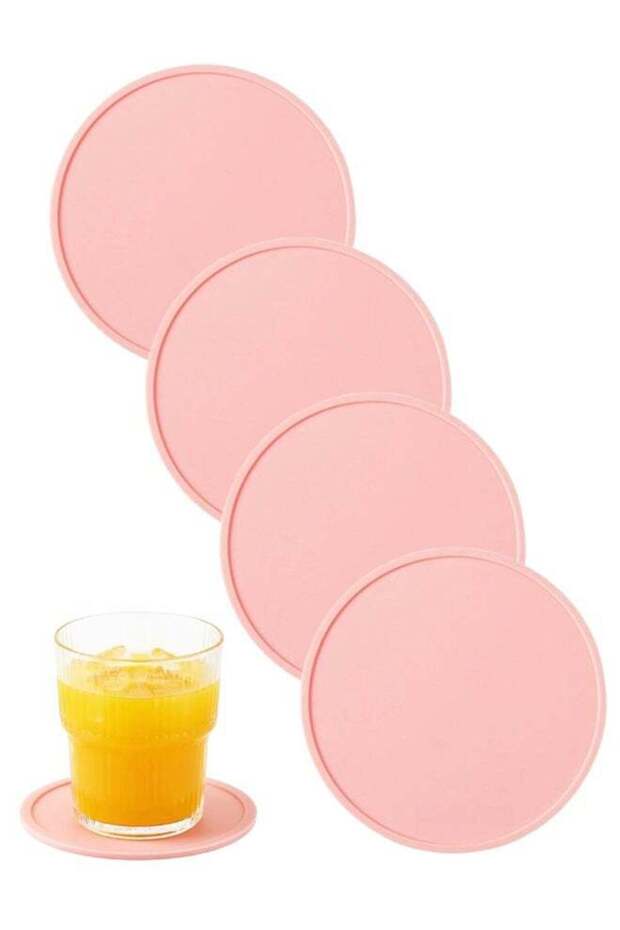 4 PCS Round Silicone Coasters, Non‑Slip Heat Resistant Cup Mats for Coffee Tea Drinks, Pink, 3.93 I