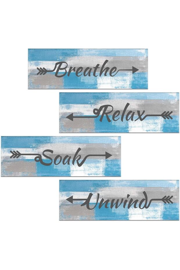 ARS 4 Pieces Blue and Grey Abstract Bathroom Wall Art, Relax Soak Unwind Breathe Signs Decor, Wood