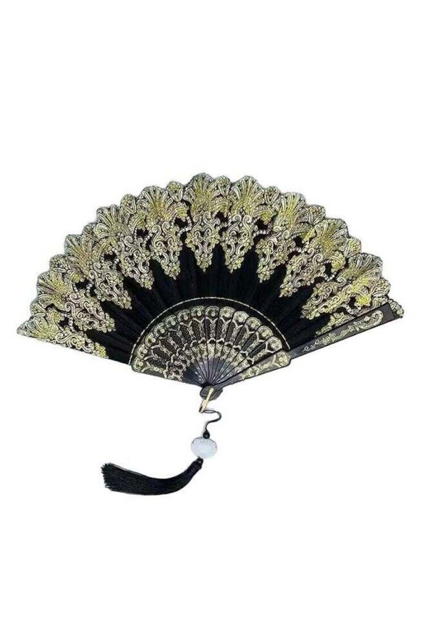 Black Gold‑Stamped Folding Hand Fan With Jade Tassel Pendant, Ornate Embossed Decorative Handheld F