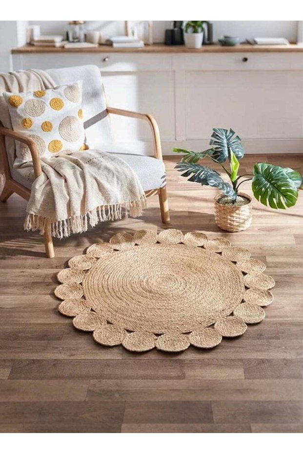Round Jute Area Rug 100x100cm Natural Fibre Handmade Boho Charm Farmhouse Soft Braided Reversible R