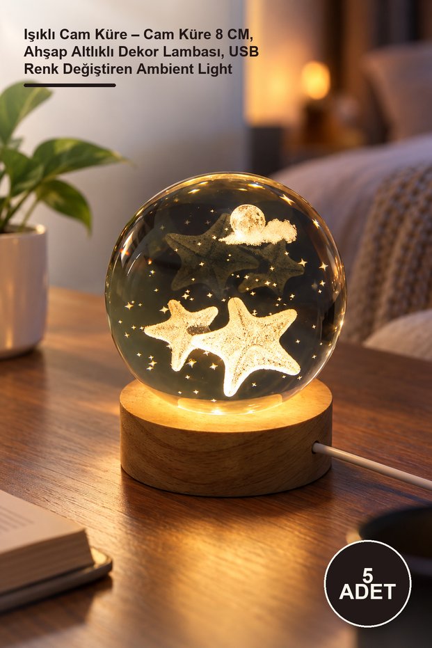 5 Lighted Glass Globes – 8 cm Glass Globe, Decorative Lamp with Wooden Base, USB Color-Changing Ambient Light
