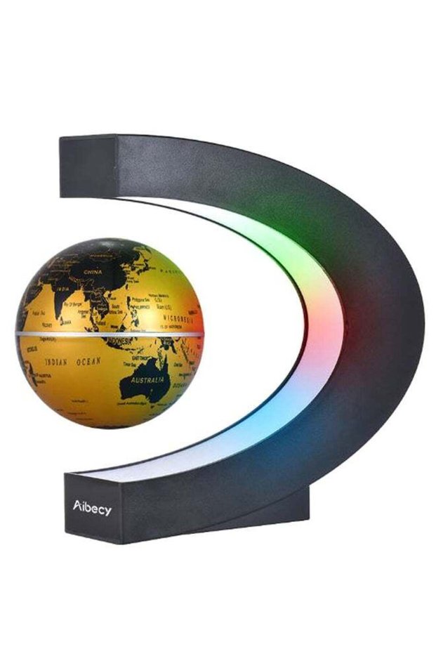 C Shaped Floating Earth Globe World Map With LED Light Gold/Black 3inch