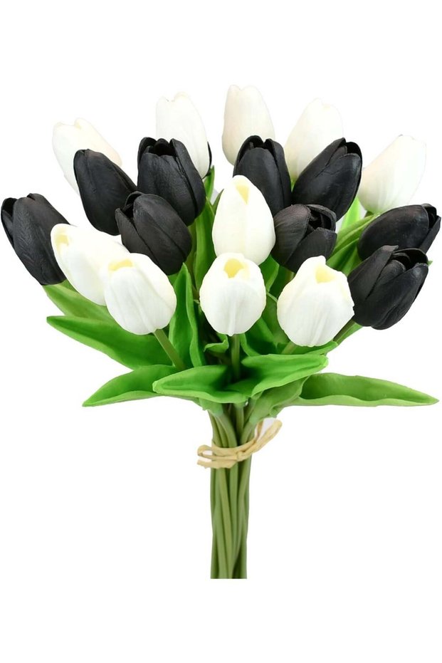 Artificial Tulips, 20 Stems, Black and White PU Faux Flowers, 13.5 Inch