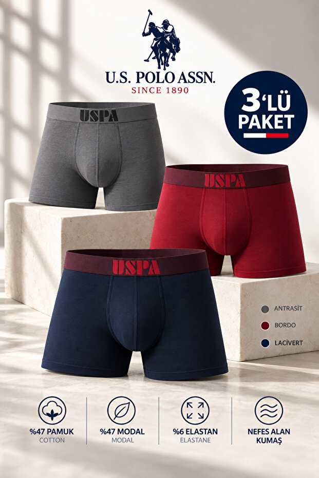 Men'S, Licensed, Uspa, 47% Modal, 47% Cotton, 6% Elastane, Boxer Brief, Anthracite Burgundy Navy Blue, Comfort, Set of 3