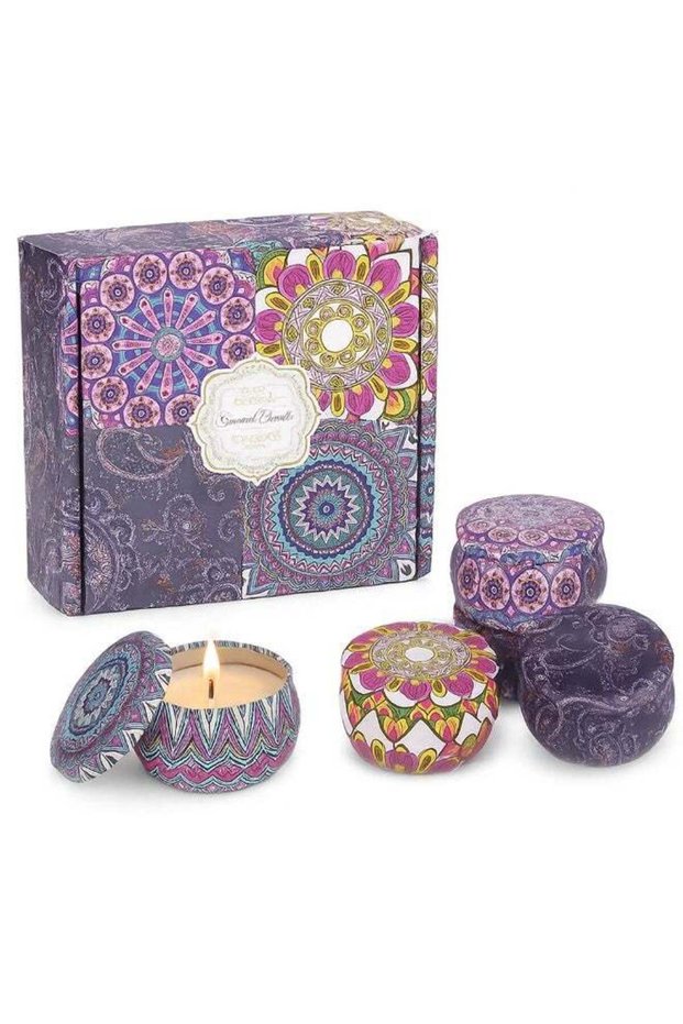 Assorted Decorative Scented Candle Gift Set – 4 PCS Portable Tin Candles with Elegant Mandala Desig