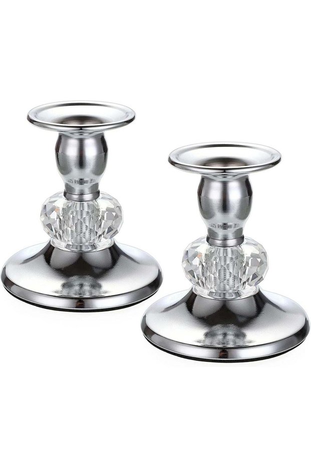 2PCS Silver Taper Candlestick Holders, Vintage-Style Metal with Crystal Ball, 3.5" H × 3.1" Base, F
