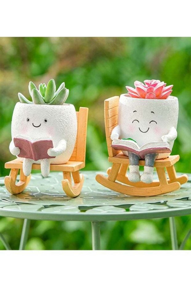 Polyester Resin Decorative Vases, Whimsical Rocking Chair-Shaped Succulent Pots, Cactus-Face Plant