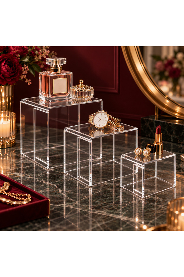 3-Piece Transparent Acrylic Plexiglass Riser Stand for Jewelry Cosmetics Perfume Product Display Store Display Stand Kod0269
