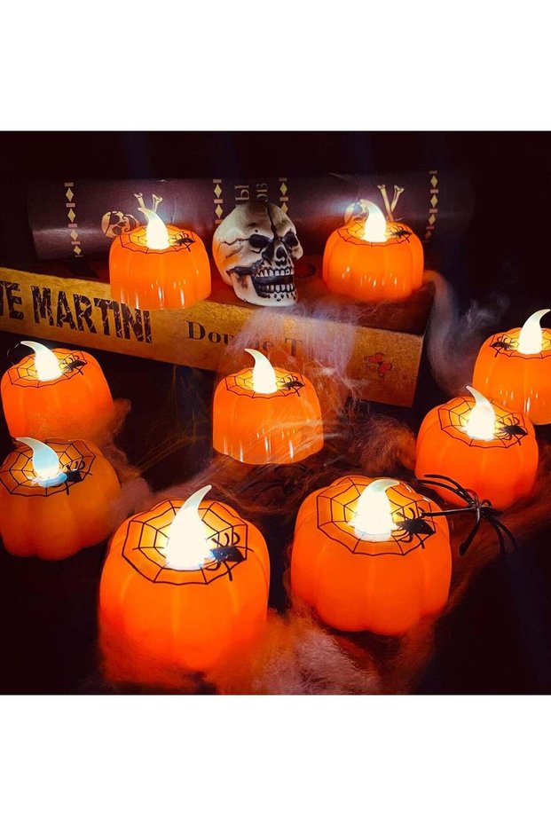 12 Pack Pumpkin Tealights Candles with Spider Web Decor, LED Pumpkin Lights