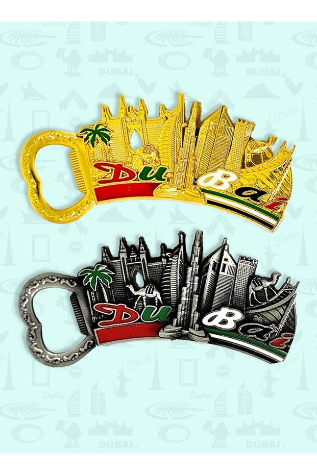 Dubai Souvenir Metal Fridge Magnet Bottle Opener 2pcs – Iconic Buildings, Palm Trees & UAE Flag