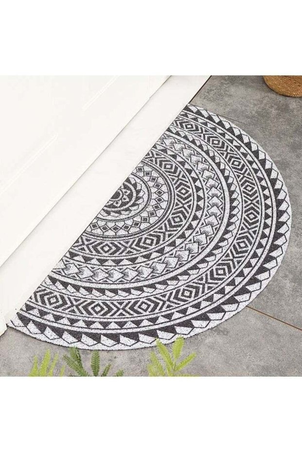 Boho Style Half Round Welcome Mat, Non-Slip Absorbent Doormat for Home & Patio, Easy Clean PVC, Whi