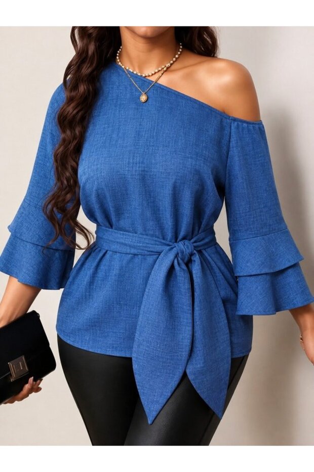 Women's One-Shoulder, Three-Quarter Sleeves, Belted Waist Sofia Blouse