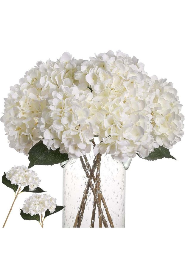 6Pcs White Silk Hydrangea Artificial Flowers, Realistic Fake Hydrangea Bouquet for Home, Wedding, P