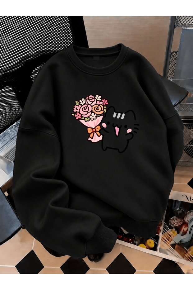 Crew Neck Sweatshirt for Girls, Printed 3-Yarn Threaded Winter Sweatshirt