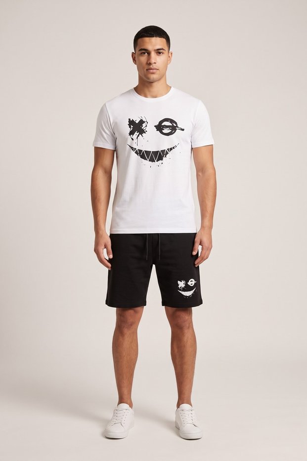 Men's Shorts T-Shirt Set Smiling Face Printed 100% Cotton Summer Top and Bottom Set - White Black