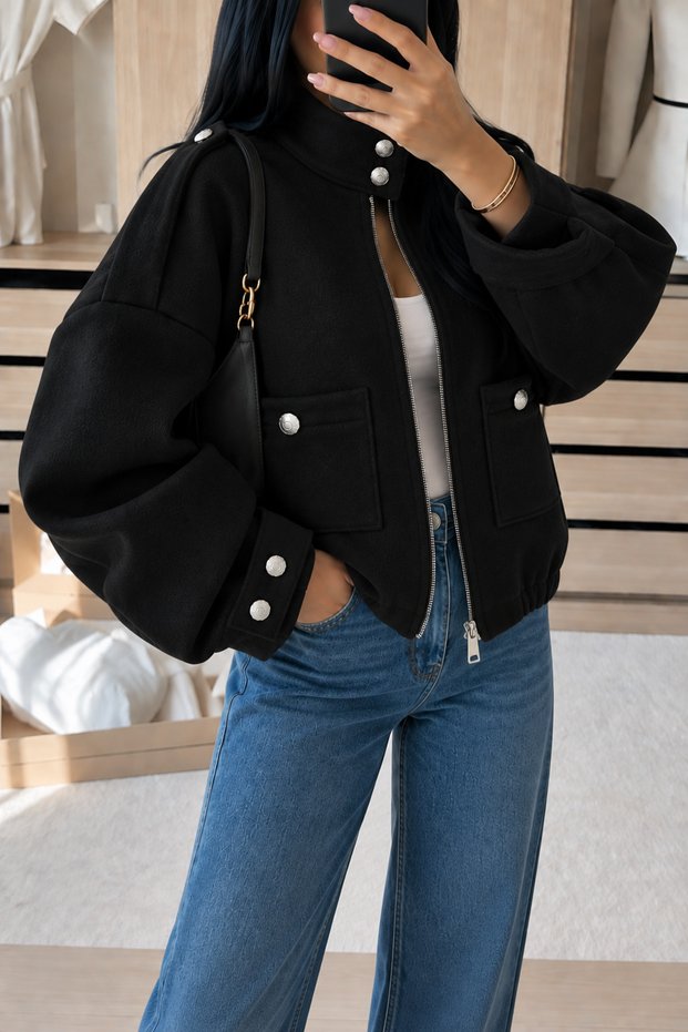 Women's Oversize Stand Collar Bomber Coat with Zipper Pockets