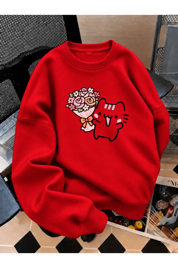 Crew Neck Sweatshirt for Girls, Printed 3-Yarn Threaded Winter Sweatshirt