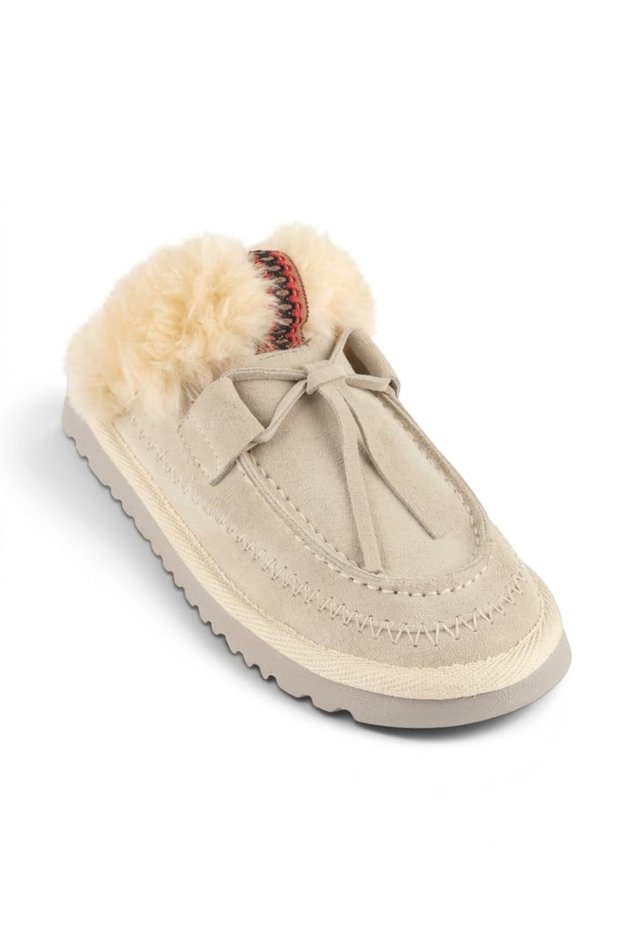Megy Genuine Leather Suede Fur Lace Detailed Women's Slippers
