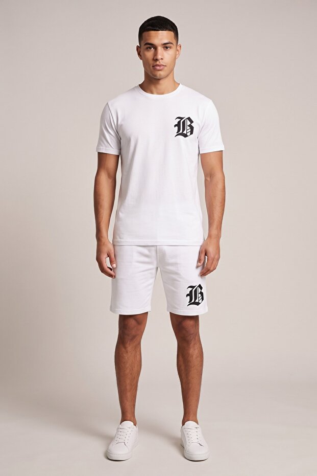 Men's Shorts T-Shirt Set Gothic B Letter Printed 100% Cotton Summer Bottom Top Set - White