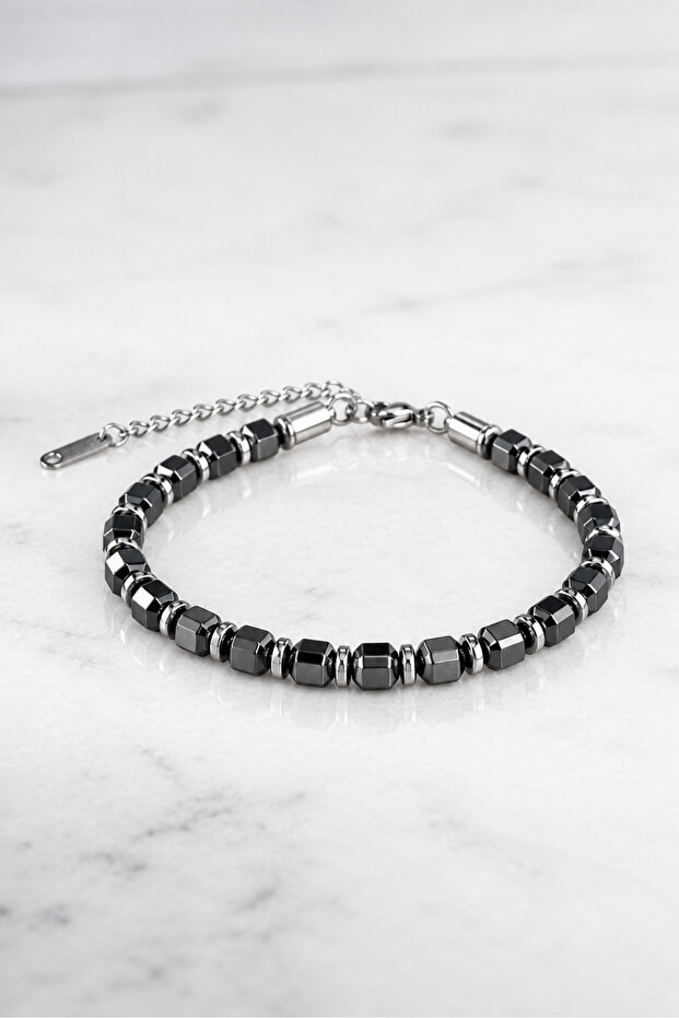 Hexagonal Hematite Natural Stone Men's Steel Bracelet
