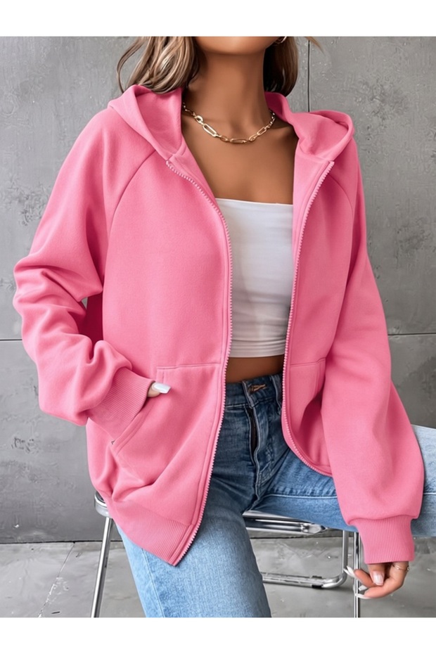 Women's Pink Oversize Zipper Hoodie Streetwear Hooded Cardigan