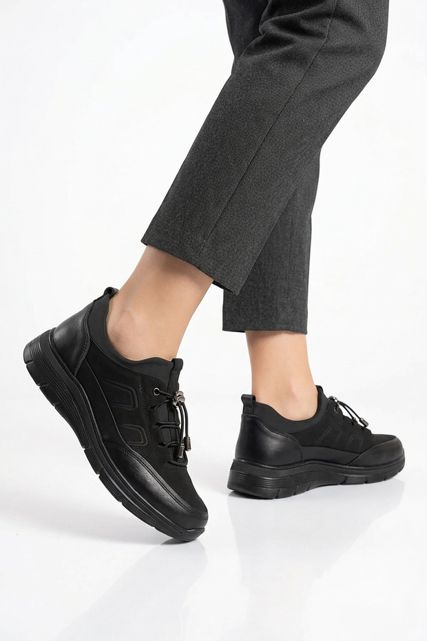 Lorem Yan Shaped Rubber Tied Stretch Genuine Leather Women's Shoes Black Nubuck