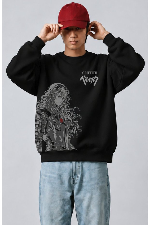 Unisex Oversize Berserk Griffith Ense Printed Anime Themed Hoodless Sweatshirt